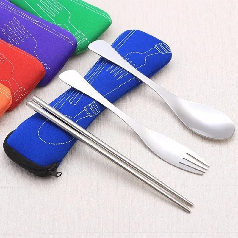 1 set Portable Stainless Steel Dinnerware add Bag Travel Camping Picnic