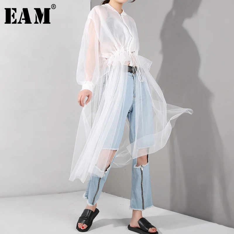 

[EAM] 2019 New Autumn Winter Stand Collar Long Sleeve White Mesh Drawstring Big Size Windbreaker Women Trench Fashion JU1880
