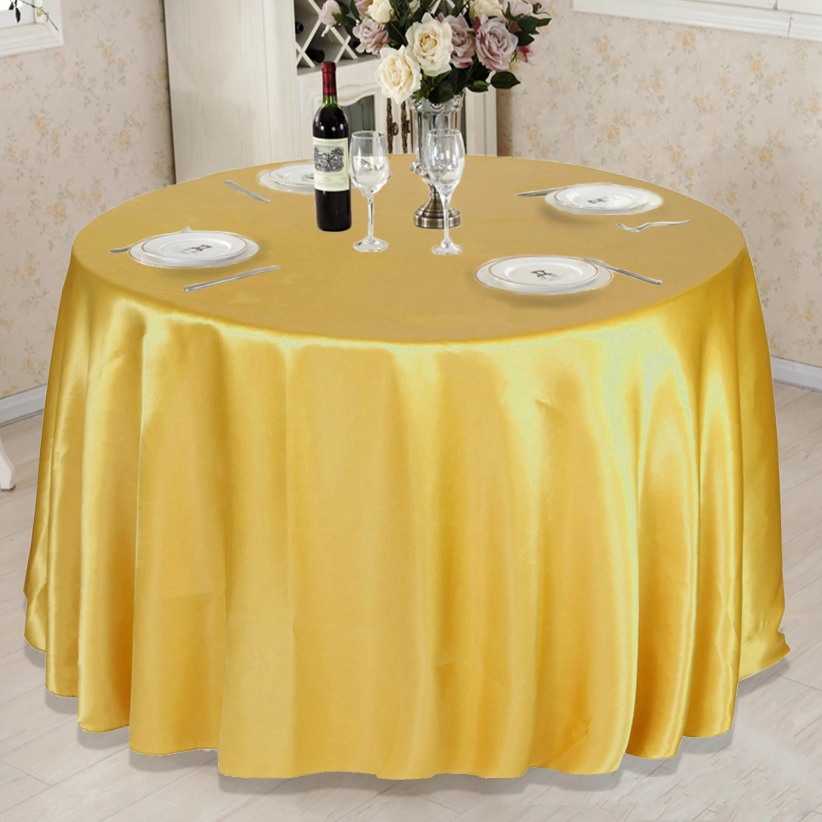 1pcs Gold Satin Solid Round Tablecloth For Wedding Party Table Cloth