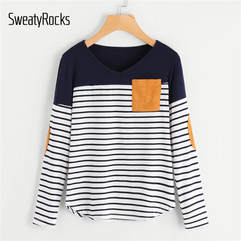 SweatyRocks Striped Elbow Patch Curved Hem T-Shirt Women Long Sleeve Top Tees 2018 Autumn Womens Clothing Casual Pocket T Shirt