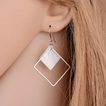 

2018 New Minimalist Brief Cool Style Silver Plated Alloy Square White Shell Dangle Fashion Earrings For Women Jewelry Brincos