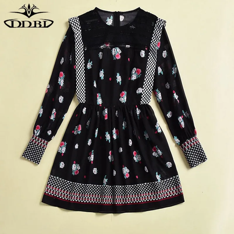 high quality summer dress flowers print black dress  180504