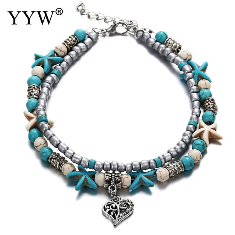 Tobilleras Pulsera Para Tobillo Винтаж стеклянные бусы Морская звезда браслеты для Для Женщин Multi Слои ножной браслет ног чешские ювелирные изделия