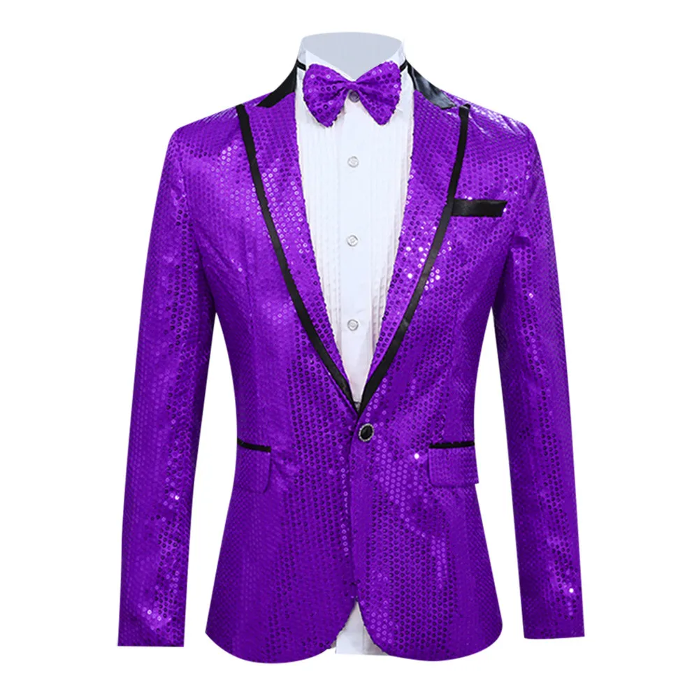 Мужской тонкий костюм с пайетками из 2 предметов, 7 цветов, однобортный Блейзер, вечерние куртки с длинными рукавами и галстуком-бабочкой# LR3 - Цвет: Фиолетовый