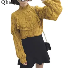 Qbale Ruffle Lace Shirts Long Sleeve 2017 Spring Autumn Vintage Stand Collar Lantern Sleeve Lace Tops for women