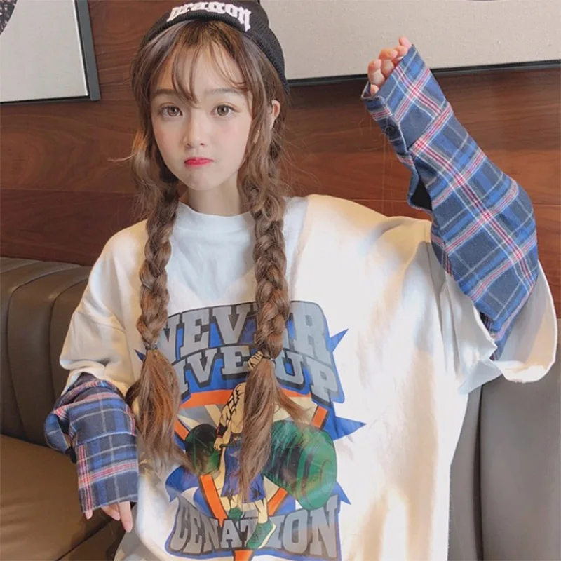 

Women's Plaid Patchwork Long Sleeve Print Sweatshirt 2019 Autumn Winter Grey Checkerboard Plaid Pullover sweatshirt streetwear