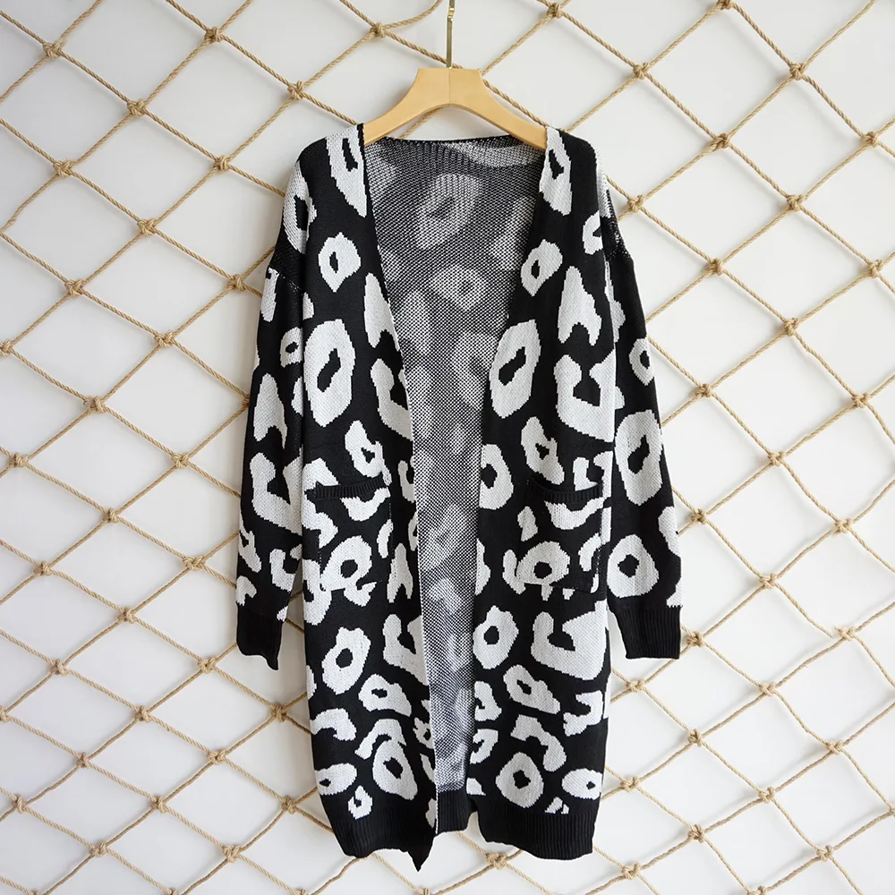 2018 модный Леопардовый Теплый кардиган женский осень зима длинный рукав свободный вязаный джемпер Повседневный кашемировый свитер