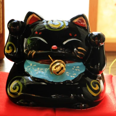 ERMAKOVA керамика Lucky Cat монета банка Maneki Neko Фортуна статуя кота с колокольчиком Mony коробка домашний магазин украшения подарок - Цвет: Black