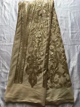

free shipping Gold lace fabric 2017 high quality sequin fabric for wedding dress 5yard latest african sequin lace fabric LY6105
