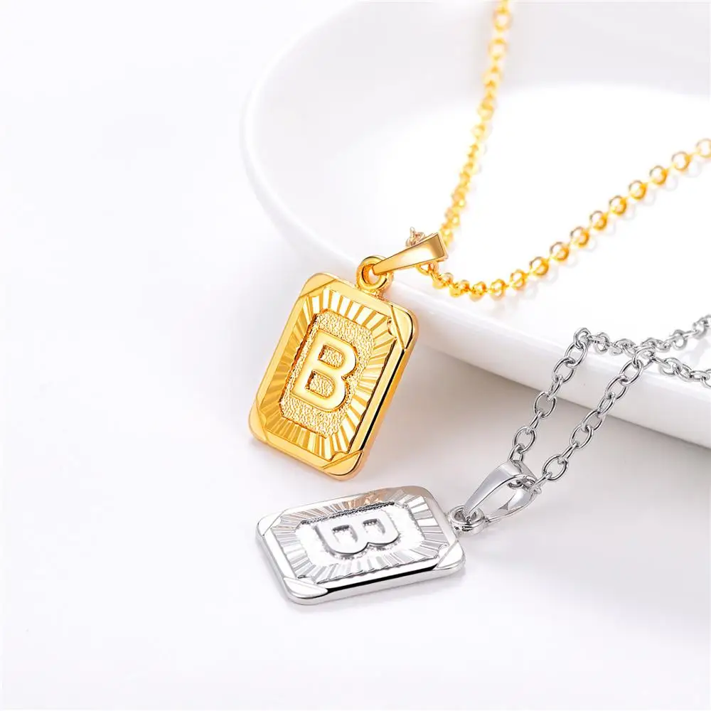 U7 Square Letters Necklaces Pendant Chain Necklace for Women Men English Initial Name Alphabet Jewelry Best Birthday Gifts P1196 - Окраска металла: B