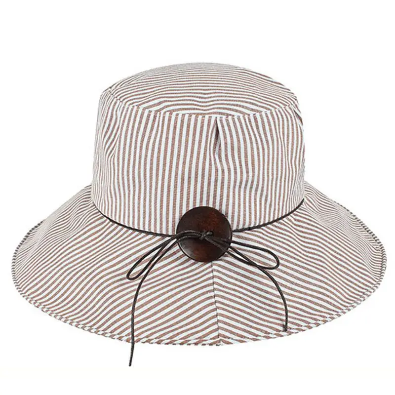 Для женщин британский стиль УФ-защита большой широкий с полями, солнце шляпа Винтаж вертикальные полосы печатных деревянная Пряжка Декор хлопковая Панама