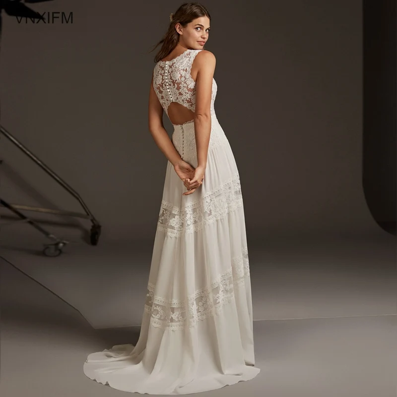 

VNXIFM 2019 A-Line Sweep Train Button Wedding Dress V-Neck Appliques Lace Bride Dress Wedding Gowns Sleeveless vestidos de novia
