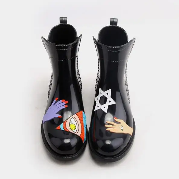 New Hot Women Fashion Graffiti PVC Ankle Rain Boots Flat Heels Non Slip Rainboots Waterproof Water Shoes Woman Wellies #TR199 Women's Shoes