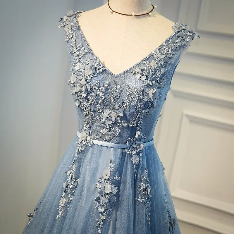 Tulle Appliques V Neck Lace Up Sleeveless Blue Long Evening Dress