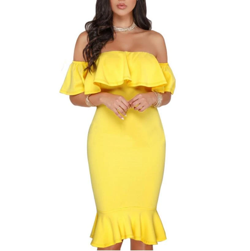 Vestido corto fiesta amarillo elegante con hombros descubiertos para mujer vestido sexi con espalda y mangas con volantes para discoteca Vestidos femeninos S XXL|Vestidos| - AliExpress