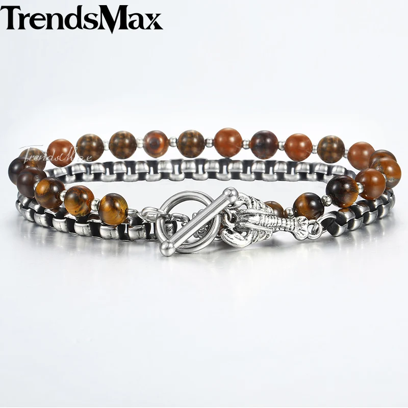 

Mens Womens Natural Tiger Eye Stone Beaded Bracelet Stainless Steel Round Box Link Gunmetal Tone Double Layered Brown Gifts DB62