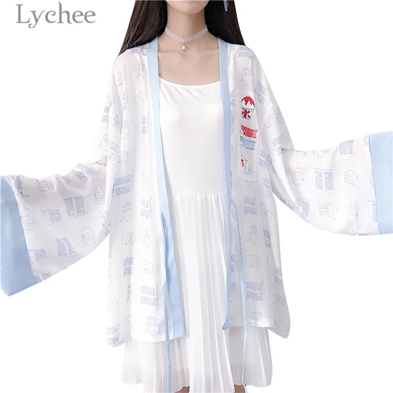 Lychee Harajuku Koinobori мороженое Принт женское кимоно кардиган блузка летняя на шнуровке