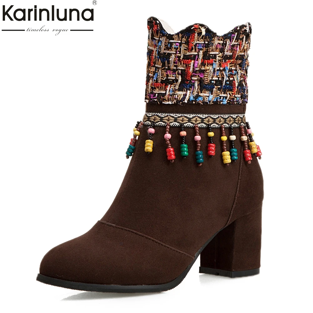 

2019 BIG Size 34-50 ethnic style Flock Fringes high heeled Shoes Woman Boots Black Chunky Heels Ankle Boots Woman Shoes Women