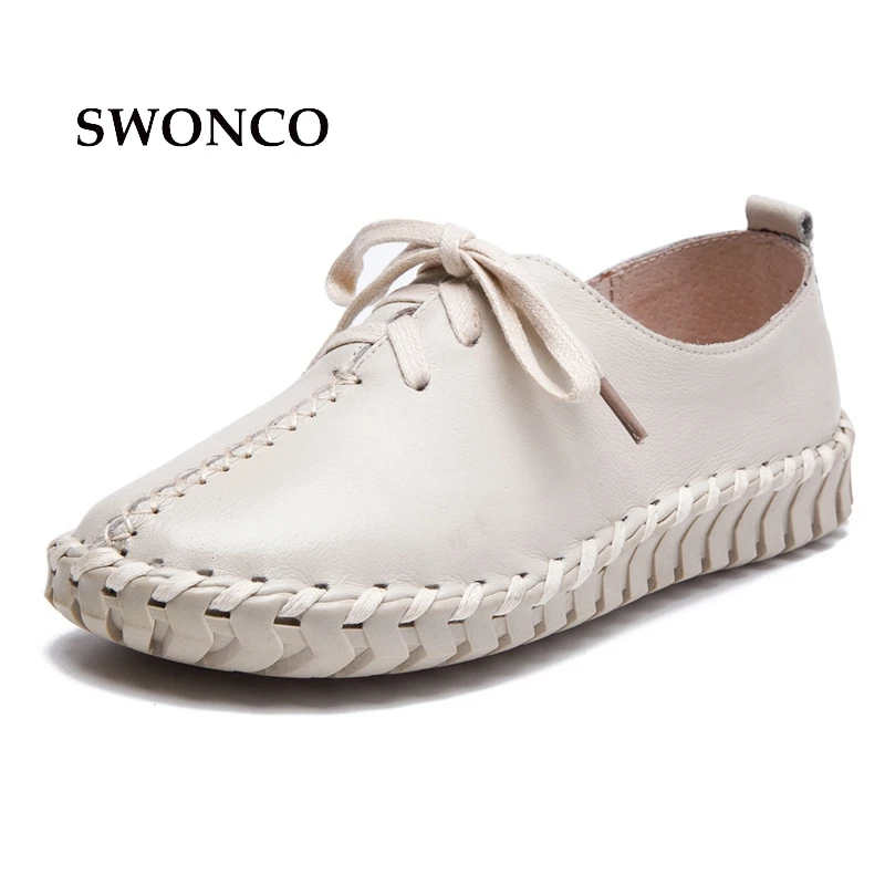 

SWONCO Women's Flats Casual Shoes Spring Autumn Genuine Leather Flats For Woman Female Black/white Sneakers Slip On Loafers 41