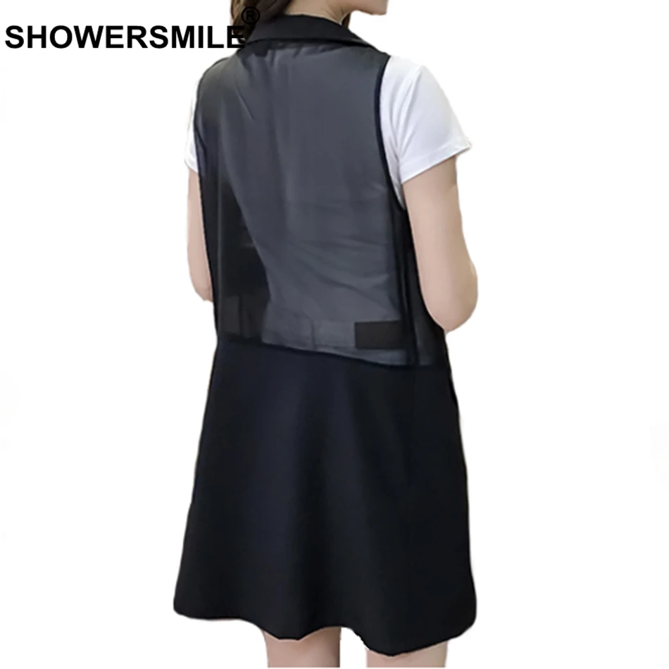 SHOWERSMILE Long Waistcoat Women Black Thin Vest Ladies Solid OL Elegant Chiffon Female Spring Summer Sleeveless Jackets 2019