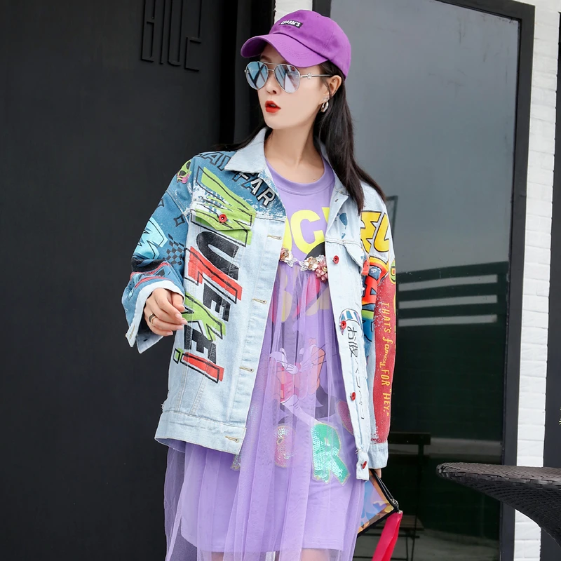 

European station Thai street fashion chic cartoon fashion letters graffiti printing denim jacket female loose wild shirt