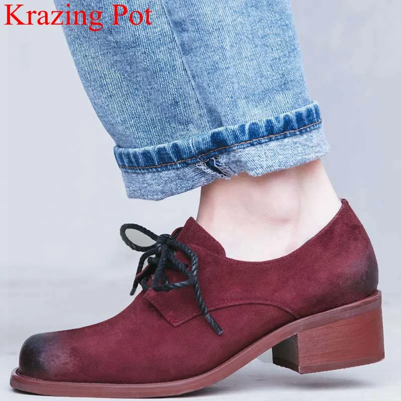 

2018 superstar genuine leather lace up retro med heels women pumps round toe lace up handmade mature casual autumn shoes L1A