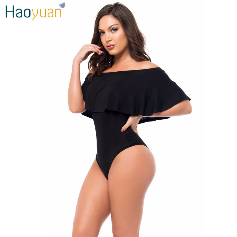 HAOYUAN Ruffles Off Shoulder Bodysuit Women Black Red Combinaison Femme Backless Sexy Rompers Jumpsuit Skinny Bodycon Overalls
