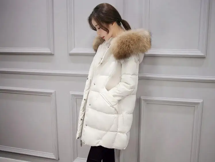 Зимняя женская пуховая куртка новая однотонная средней длины с натуральным меховым воротником высококлассное утепленное пальто с капюшоном теплая женская верхняя одежда