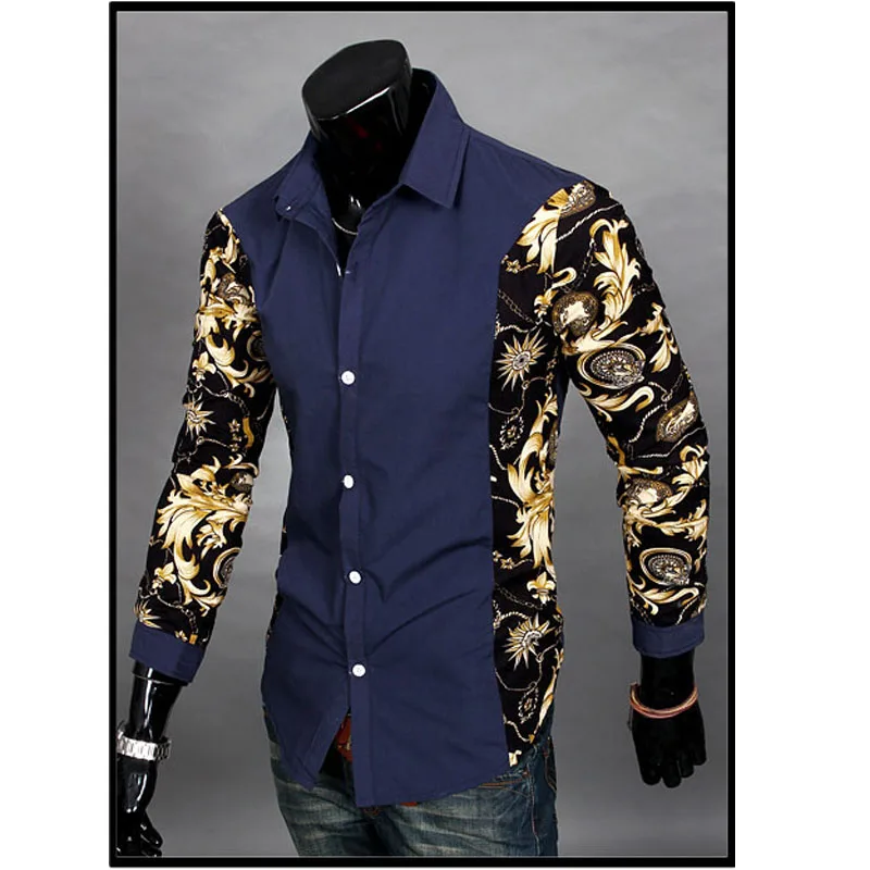 

High quality 2020 Fashion Spring Autumn business patchwork floral long Sleeve Slim Fit Casual Dress chemise homme Tuxedo shirts