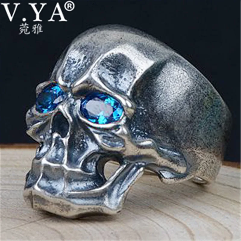 

V.YA Silver Mens Open Rings for Male Men 925 Sterling Silver Ring with Blue Zircon Skull Jewelry High Quality