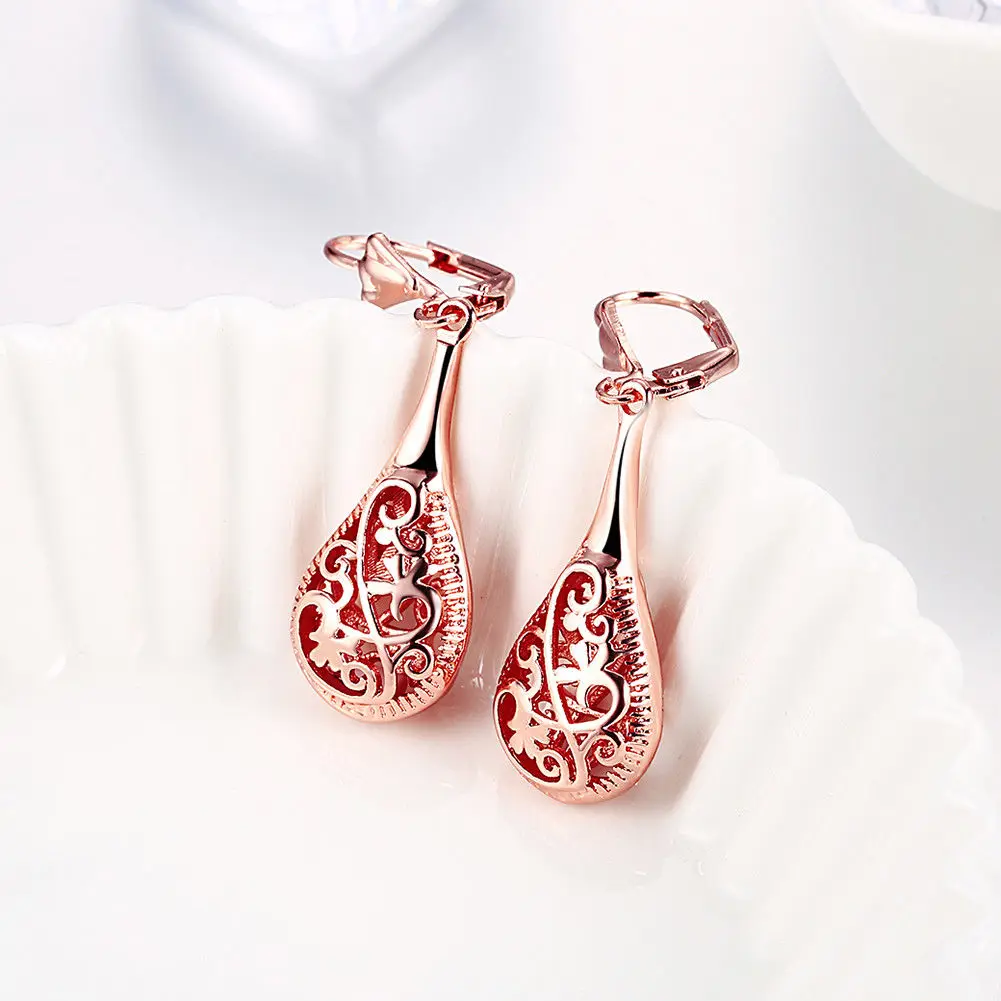 

925 Sterling Silver or Rose Gold Filigree Lute Teardrop Lever Back Drop Dangle Earrings for Women Wedding Bridal Jewelry Gifts