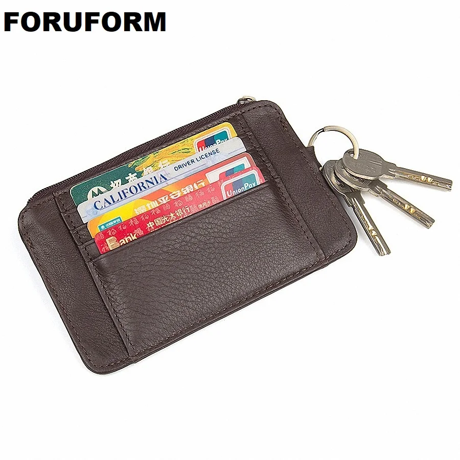 

Slim Card Holder With Key Ring Coin Pocket Men's Credit Card Holders For Car Key Genuine Leather Zipper Card Wallet LI-2093