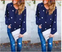 Chemise en mousseline de soie bleue pour femmes, chemisier à manches longues, col rond, ample, à lacets, été 