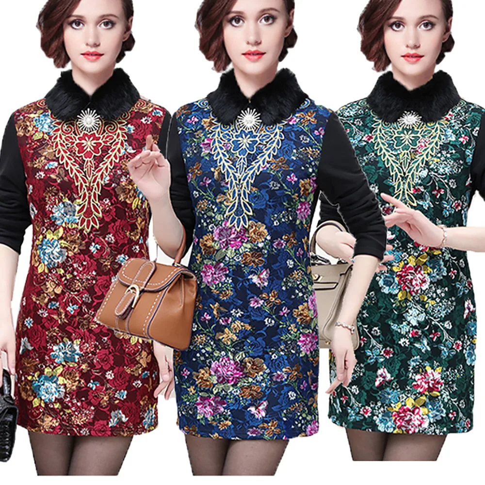 

Winter Thick Velvet Women Lace Dresses 2018 New Spring Embroidery Floral Tunics plus size XL~4XL Vestidos Robe Femme Lady Dress