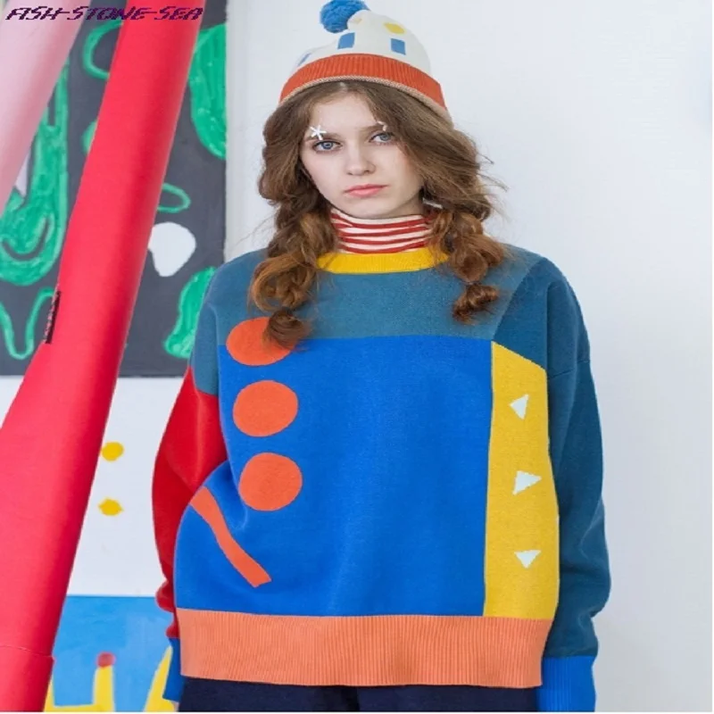 High Quality Women Thick Sweater Autumn Winter New 2017 O Neck Harajuku Colorful Stitching Oversized Knitted Tops Men Sweaters | Женская