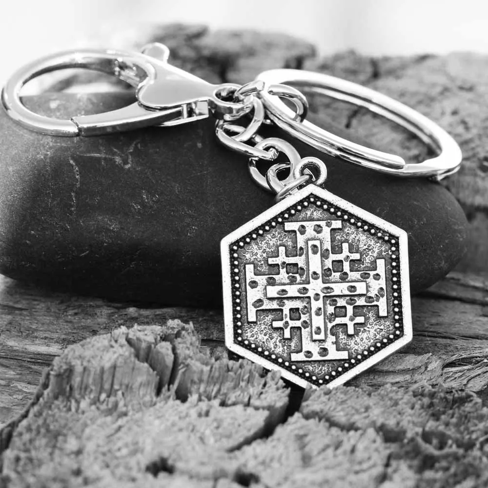 Классический брелок для ключей с крестоносцами в виде джерузама для мужчин и женщин, подарок на крестины - Цвет: A348hexagonCross