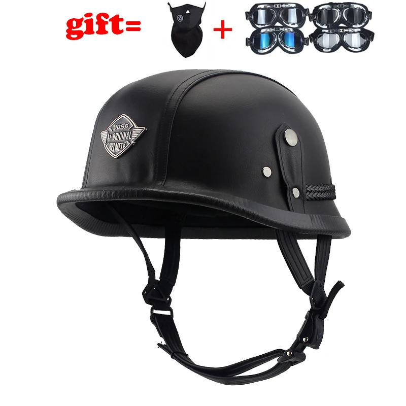 Кожаный винтажный шлем Второй мировой войны, черный, немецкий, мотоциклетный, с открытым лицом, полушлем, чоппер, байкер, пилот, Vespa, камуфляж
