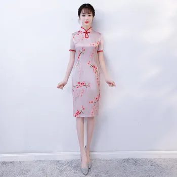 

Hot Sale Women Sexy Flower Qipao Pink Slim Cheongsam Mandarin Collar Vantage Rayon Chinese Dress Lady Plus Size Vestidos M-3XL
