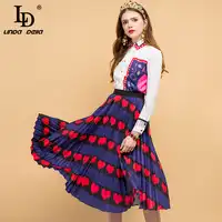 LD LINDA DELLA Fashion Designer Spring Suits Women's Crystal Beading Embroidery Tops+Pleated Heart Printed Skirt Two Pieces Set