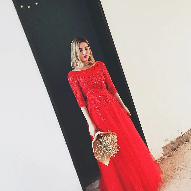 Red Prom Dresses Vestidos de festa appliques Scoop Lace up A Line Tulle Sexy Backless evening Gown Robe soiree P068 | Свадьбы и