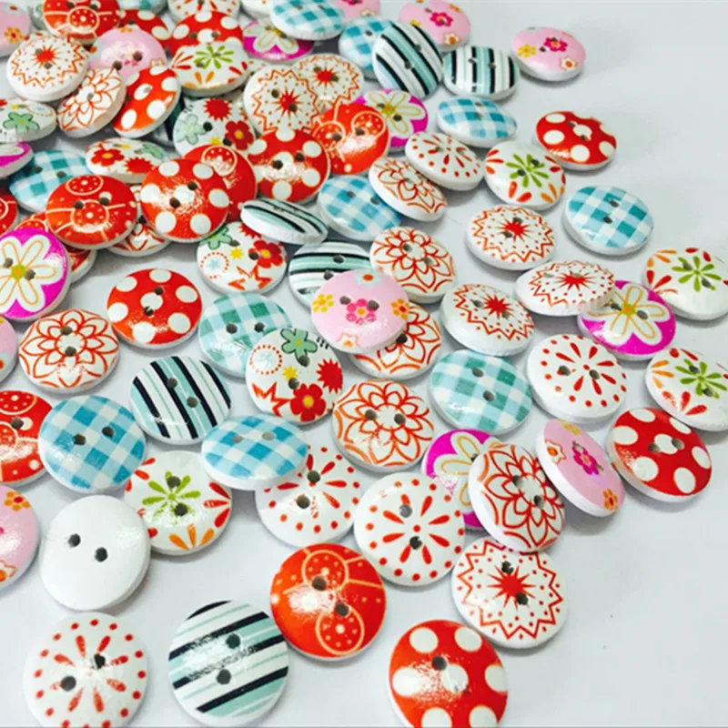 

100cs 2 Holes Wood Buttons Craft Handmade Scrapbooking Sewing Clothing Accessories 15mm Buttons Flower Painted Sewing Crafts