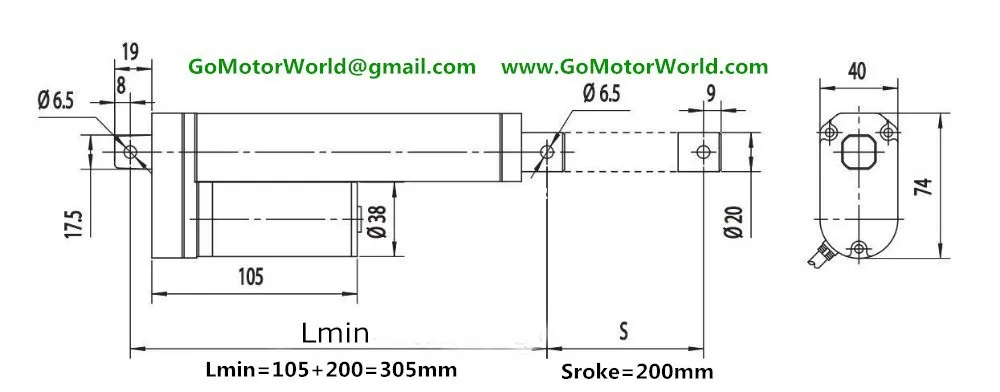 12V 24V DC 200 mm stroke electric linear actuator  drawing