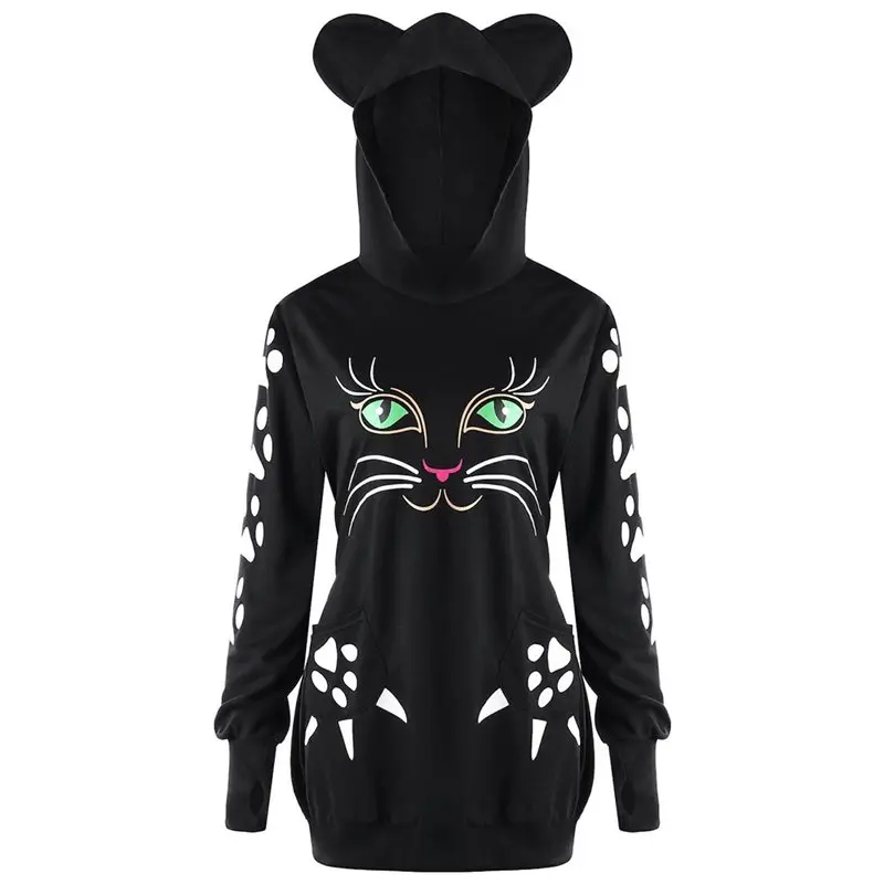  Black Hoodies Women Christmas Cartoon Cat Print Cute Casual Oversize Hoodie Sweatshirt Autumn Loose