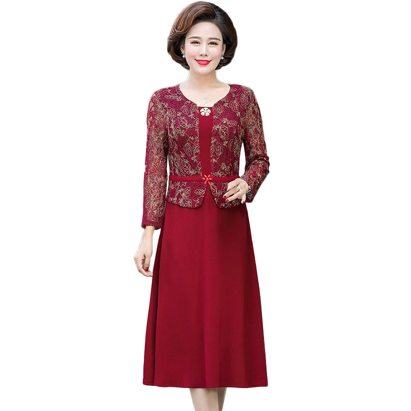 

Plus size 5XL Middle-aged mother Spring Long sleeve Dress Women 2019 Autumn New High quality Elegant Print Party Mid-Calf Dress