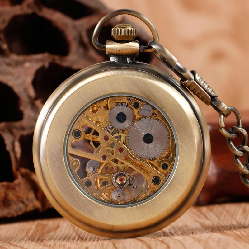 Новый уникальный Бронзовый Скелет Шестерни Механический ручной взвод карманные часы Для мужчин дамы Брелок часы с цепочкой