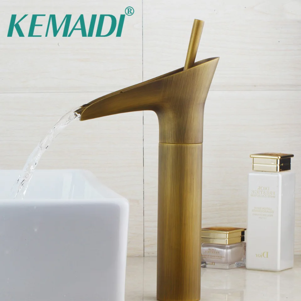 KEMAIDI Good Quality Antique Brass bathroom Faucets Basin Faucets Tall High Bathroom Basin Sink