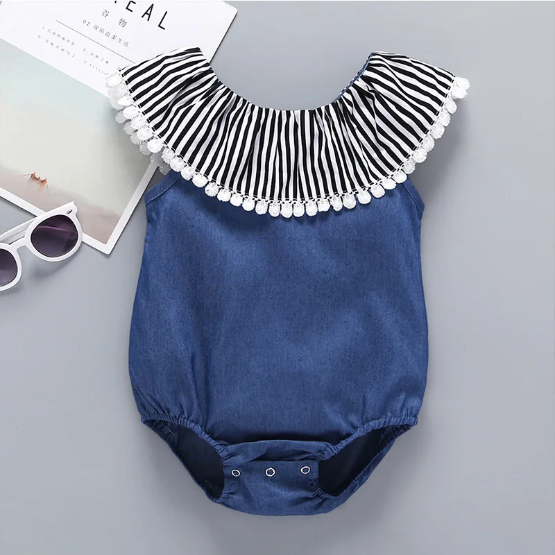 

2019 new style denim cute baby summer romper lace cotton girl jumpsuit