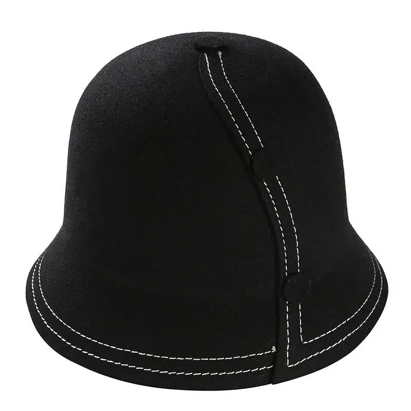 New High Quality Korean Style Vintage Bucket Hat Warm Fedoras Winter Women Hats black Color Pathwork Real wool Cap Top Hat