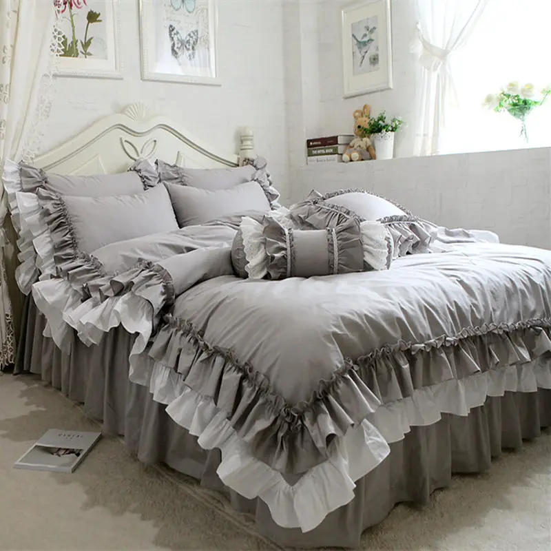 

New European double layers bedding set ruffle duvet cover bedding wrinkle bedspread bed sheet for wedding decorative bed clothes