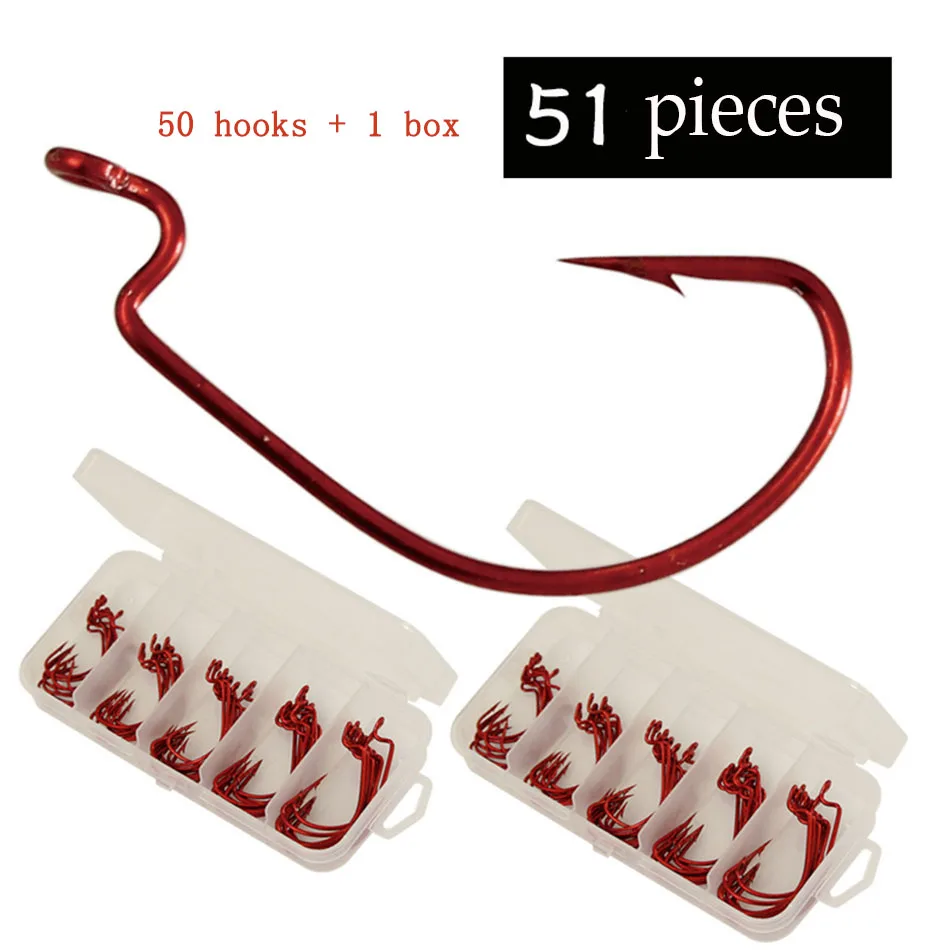 50pcs Fishing Hooks Red Bloody Crank Offset Worm Hook Lure Soft Bait